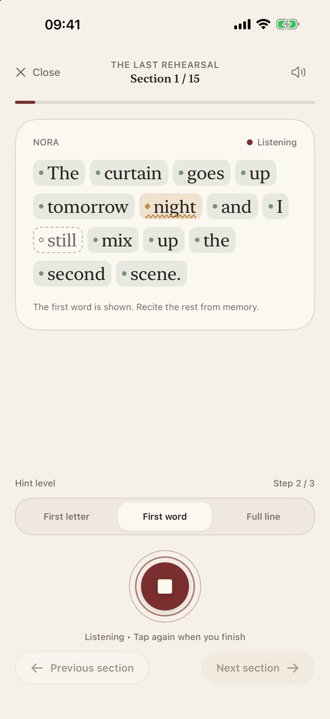 Line Perfect screenshot: Listening: words open up, marked, as you reach them.