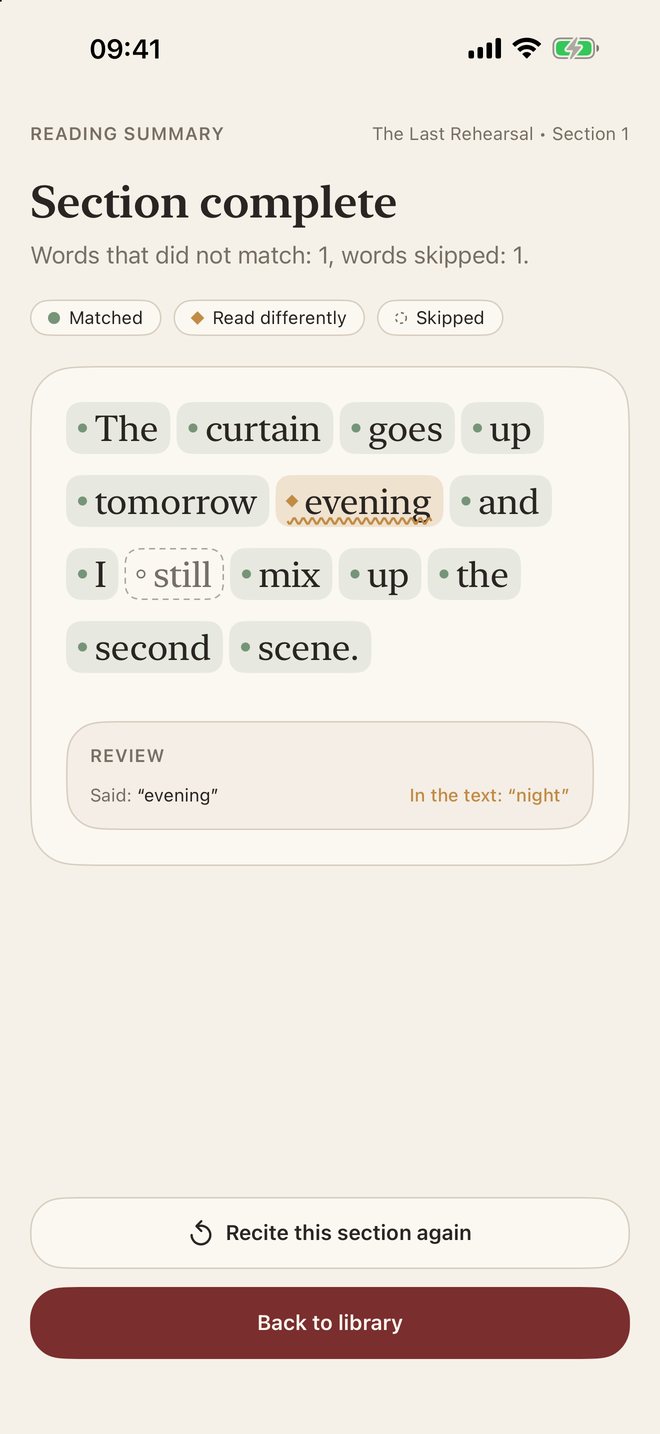 Line Perfect screenshot: After a line: what matched, what you said instead, what you skipped.