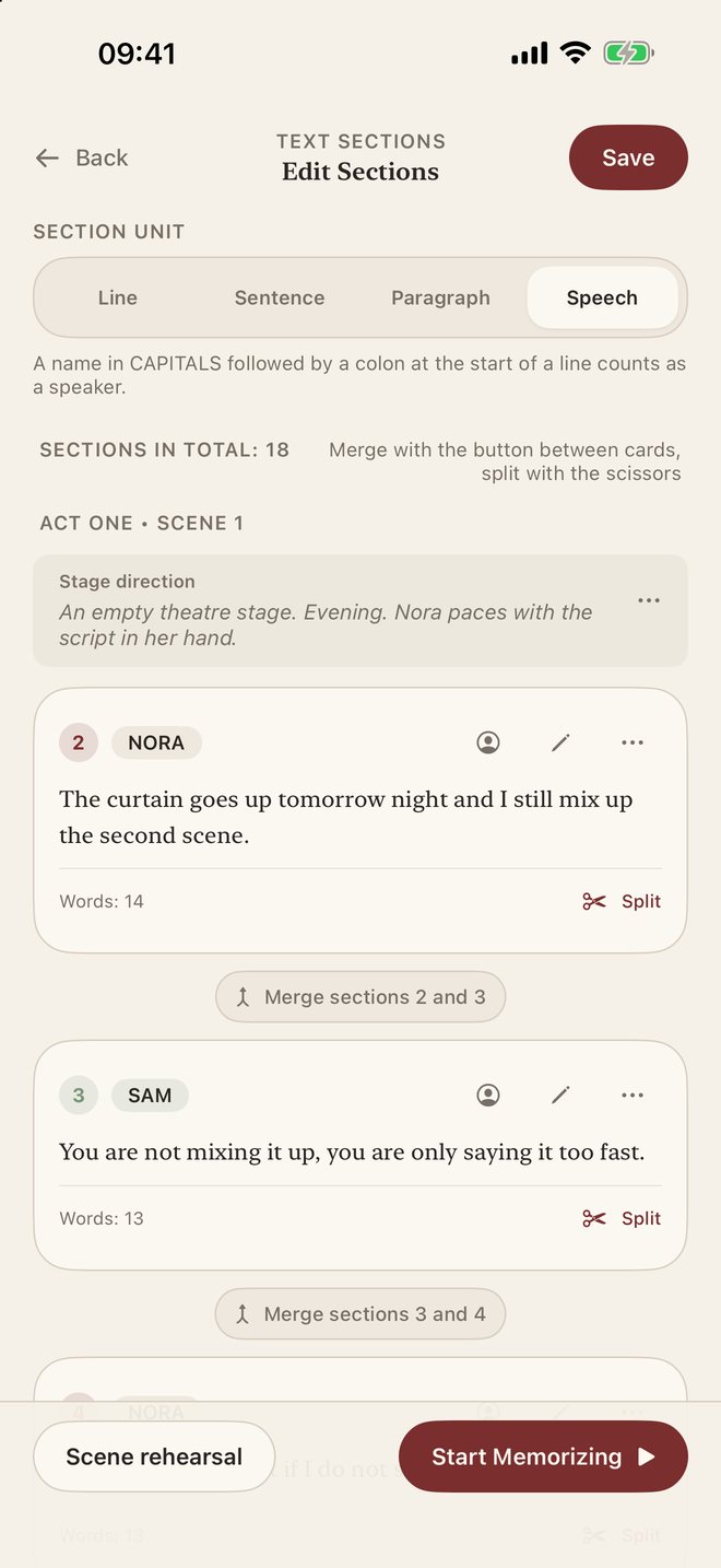 Line Perfect screenshot: Every line and stage direction can be corrected by hand.