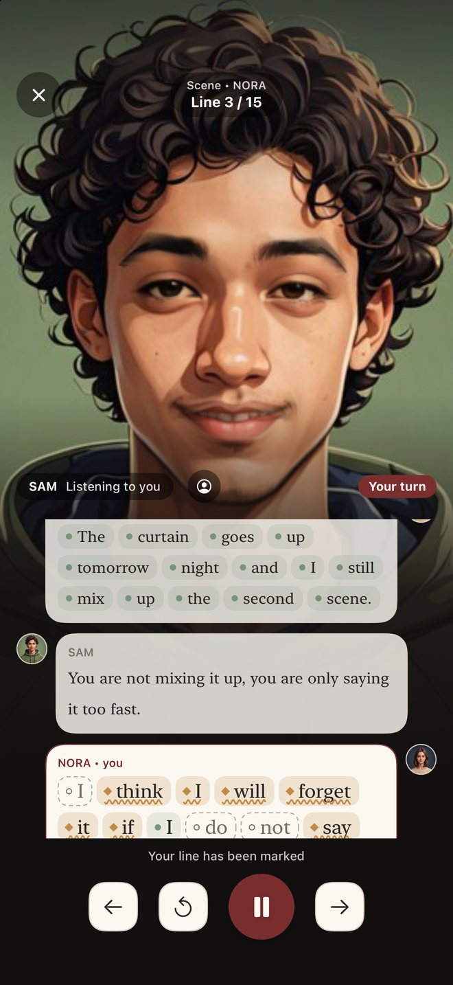 Line Perfect screenshot: Your turn: your partner listens while your words are marked as you say them.